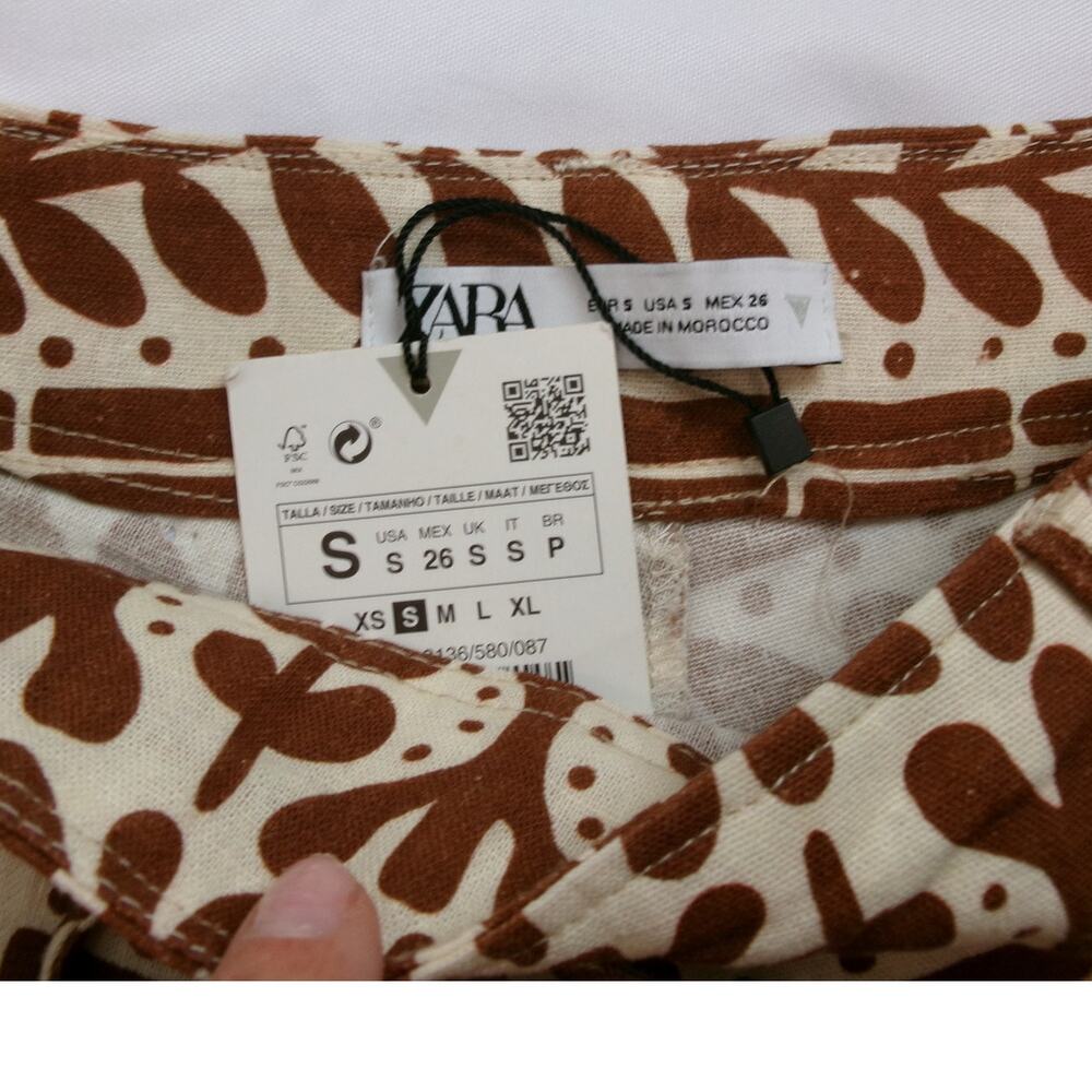 NWT Zara Linen Blend Printed Shorts Brown Cream Drawstring Size Small - Picture 3 of 5